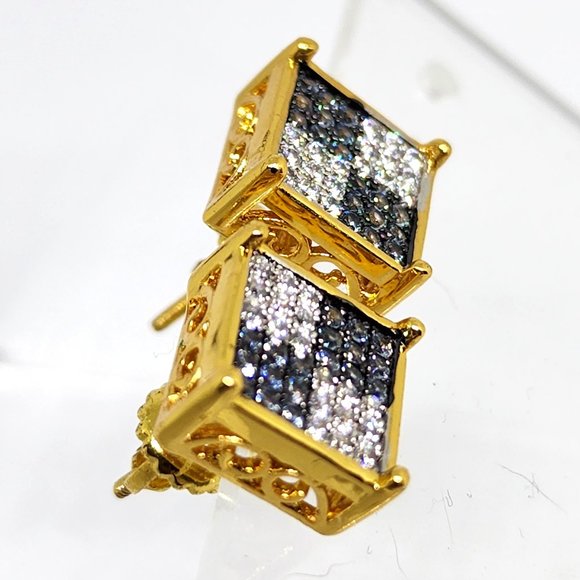 Iced Square Stud Pave Crystal Gold Plated Blue White Crystal Pierced Earrings - Picture 4 of 11